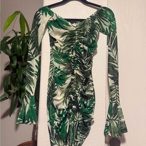Green Leaf mesh Print Off-Shoulder Dress